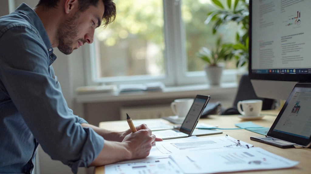 Designer working on responsive layout with multiple device mockups on desk