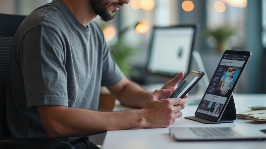 Developer testing website on multiple screens including phone, tablet and desktop monitor