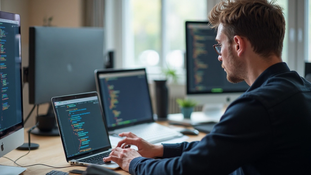 Developer using CSS Grid inspector tools to test responsive grid layouts on laptop