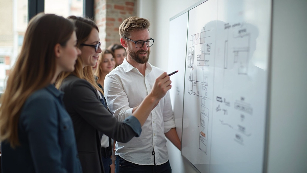 Team van designers en developers discussiëren over responsive layouts met flexbox op whiteboard