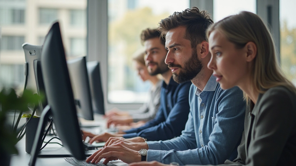 Team collaborating on responsive design project at modern office desk with multiple screens