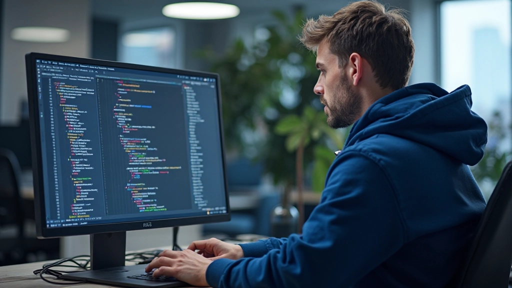 Professionele afbeelding van webdesigner die CSS Grid-layouts op monitor ontwikkelt, modern kantoor met code zichtbaar op scherm