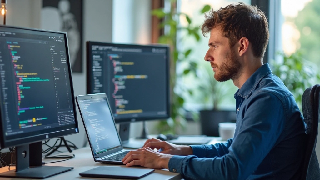 Developer werkt aan flexbox layout op moderne werkplek met meerdere beeldschermen